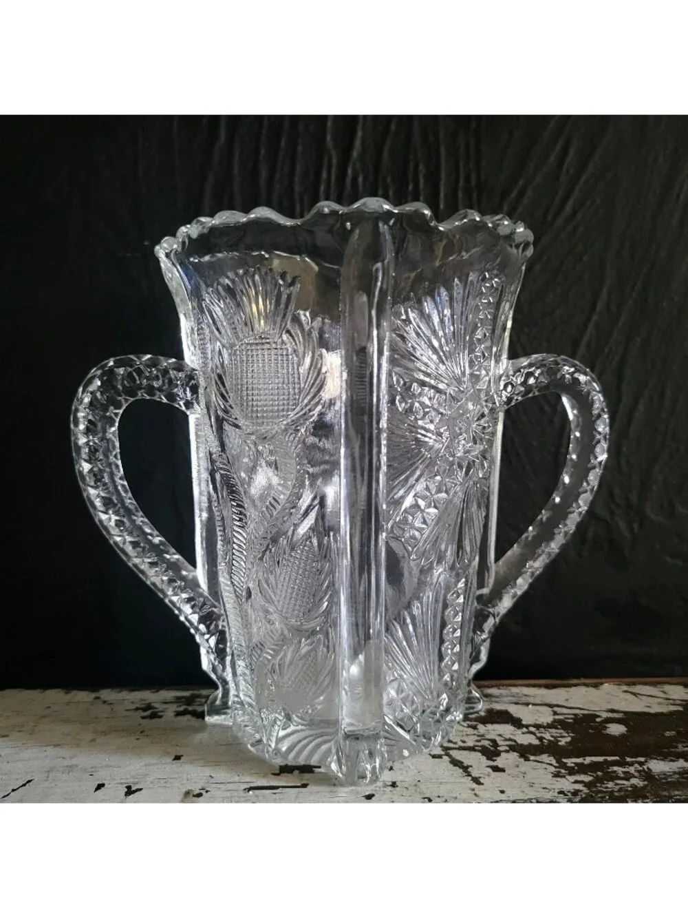 Antique JB Higbee Glass Inverted Thistle & Flower Two-Handled Spooner